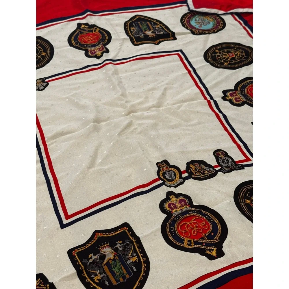 Vintage Mantero Italy 34x34 Heraldic Crest Scarf Red White Blue Square Neck Wrap